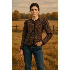 Vtg Marianna Quilted Dark Floral Jacket Size M Equestrian Western Victorian Puff